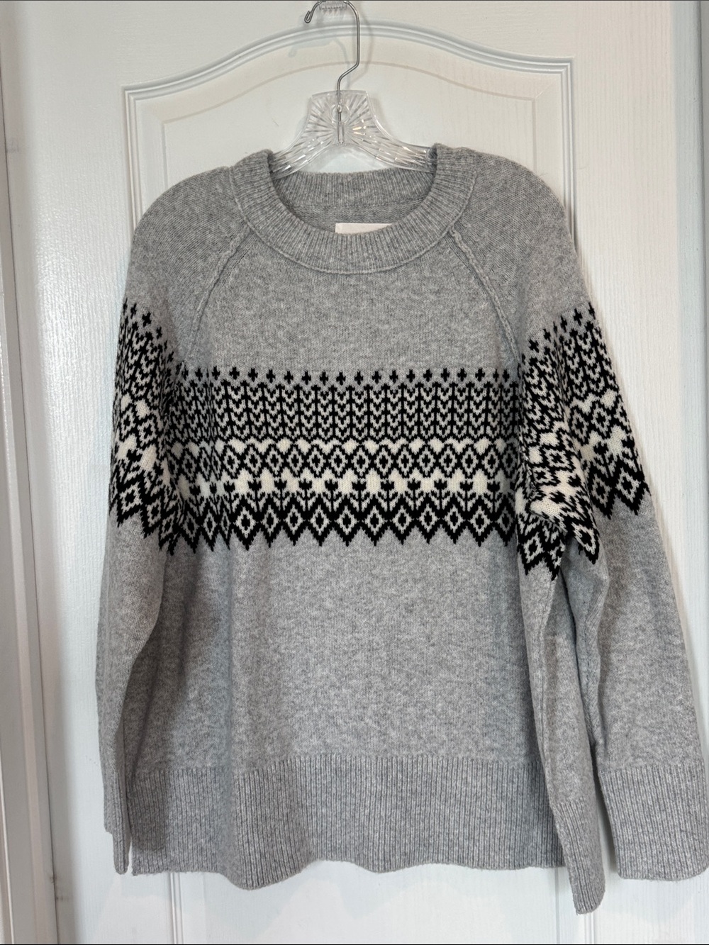 NWT - size S - Grey Fair Isle Crewneck Sweater with Grey, Black & Cream Pattern